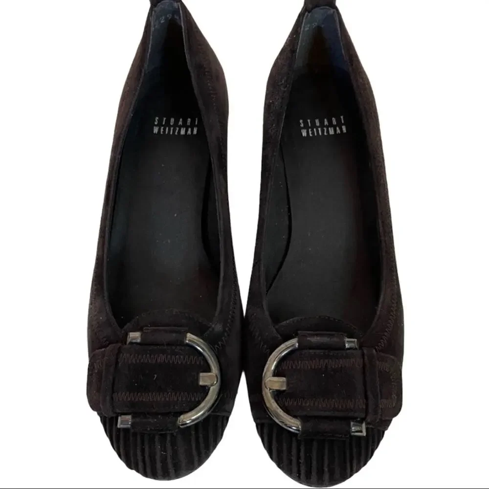 Stuart Weitzman Brown Suede Leather Buckle Wedge Shoes Women's Round Toe Size 6 - Picture 4 of 9